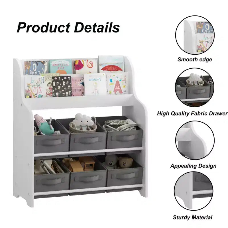 Libreria con 6 contenitori in tessuto, scaffale per bambini e organizer per giocattoli multifunzionale bianco