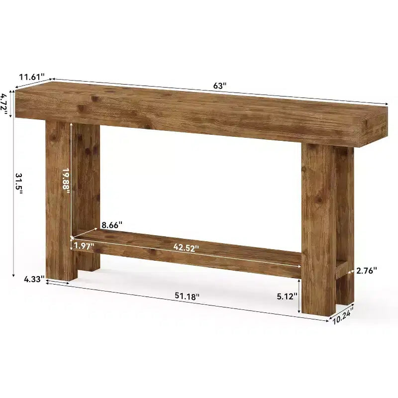 Tavolo Consolle Lungo in Legno Massello da 160 cm, Tavolo da Divano Rustico a 2 Ripiani, per Soggiorno, Corridoio, Ingresso, Foyer, Marrone Rustico