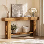 Tavolo Consolle Lungo in Legno Massello da 160 cm, Tavolo da Divano Rustico a 2 Ripiani, per Soggiorno, Corridoio, Ingresso, Foyer, Marrone Rustico