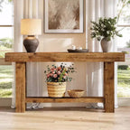 Tavolo Consolle Lungo in Legno Massello da 160 cm, Tavolo da Divano Rustico a 2 Ripiani, per Soggiorno, Corridoio, Ingresso, Foyer, Marrone Rustico