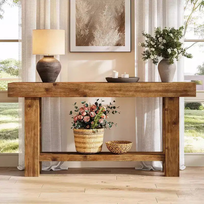 Tavolo Consolle Lungo in Legno Massello da 160 cm, Tavolo da Divano Rustico a 2 Ripiani, per Soggiorno, Corridoio, Ingresso, Foyer, Marrone Rustico