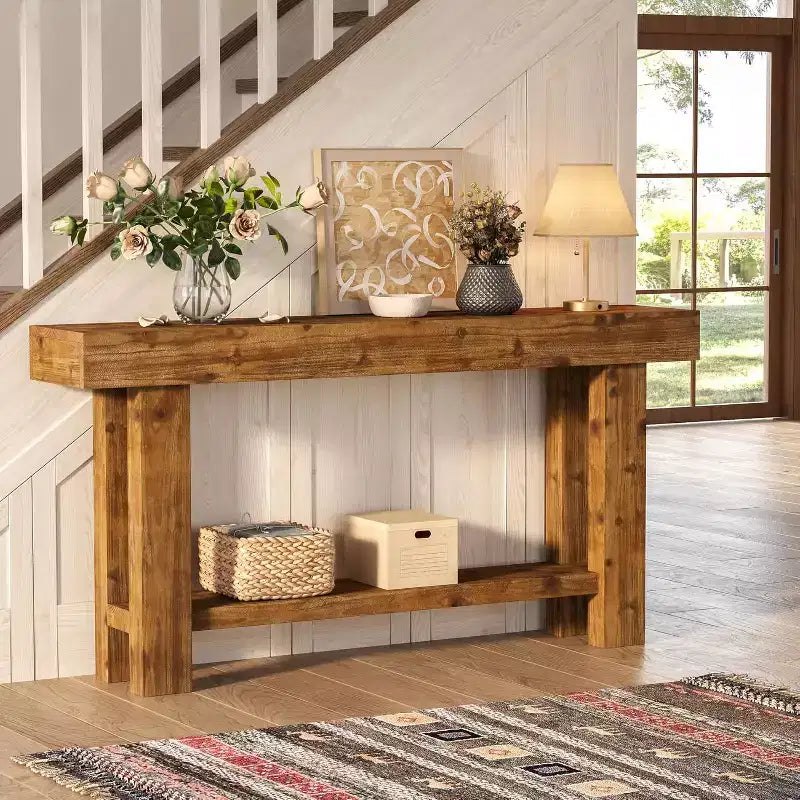 Tavolo Consolle Lungo in Legno Massello da 160 cm, Tavolo da Divano Rustico a 2 Ripiani, per Soggiorno, Corridoio, Ingresso, Foyer, Marrone Rustico