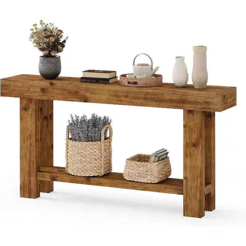 Tavolo Consolle Lungo in Legno Massello da 160 cm, Tavolo da Divano Rustico a 2 Ripiani, per Soggiorno, Corridoio, Ingresso, Foyer, Marrone Rustico