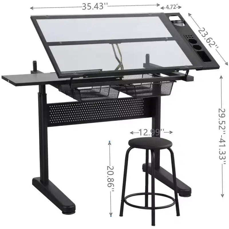 Tavolo da disegno regolabile con manovella (con 2 cassetti in metallo, nero) sgabello incluso