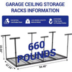 Scaffale pensile da garage 4x8, portapacchi da soffitto per garage regolabile in altezza 22-40 con 4 montanti verticali, capacità di peso 660 libbre