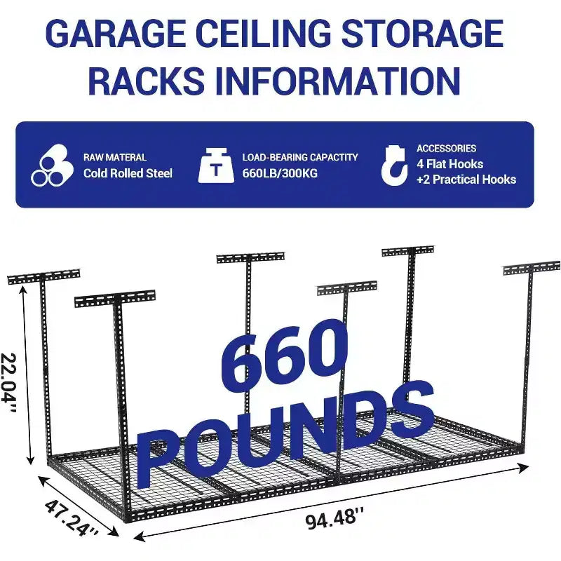 Scaffale pensile da garage 4x8, portapacchi da soffitto per garage regolabile in altezza 22-40 con 4 montanti verticali, capacità di peso 660 libbre