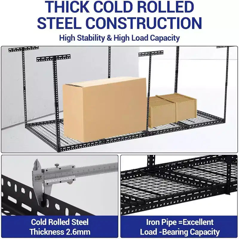 Scaffale pensile da garage 4x8, portapacchi da soffitto per garage regolabile in altezza 22-40 con 4 montanti verticali, capacità di peso 660 libbre