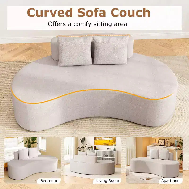 Divano curvo imbottito 78.5 con 2 cuscini accoglienti, schienale basso beige/grigio