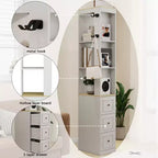 Armadio salvaspazio stretto alto 73, mobile portaoggetti a 3 ripiani con 3 cassetti e 2 ganci, scaffale espositivo, CD cubo, DVD, console di gioco