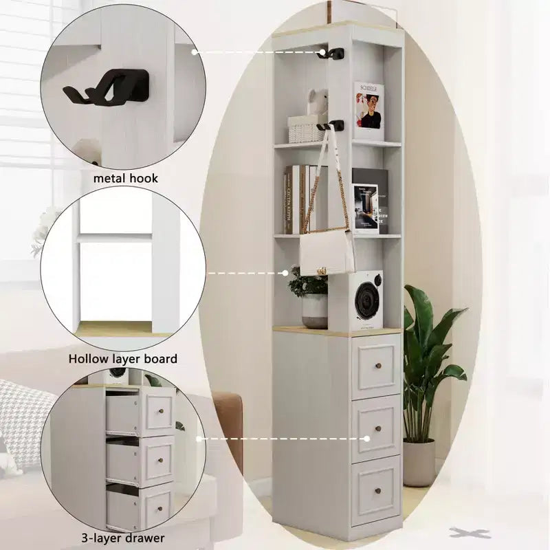 Armadio salvaspazio stretto alto 73, mobile portaoggetti a 3 ripiani con 3 cassetti e 2 ganci, scaffale espositivo, CD cubo, DVD, console di gioco
