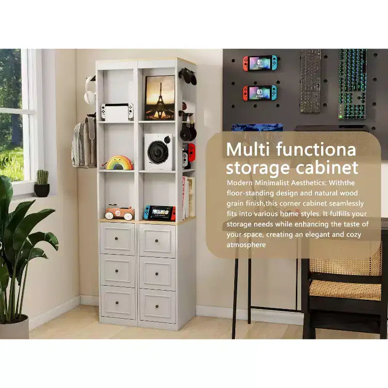 Armadio salvaspazio stretto alto 73, mobile portaoggetti a 3 ripiani con 3 cassetti e 2 ganci, scaffale espositivo, CD cubo, DVD, console di gioco