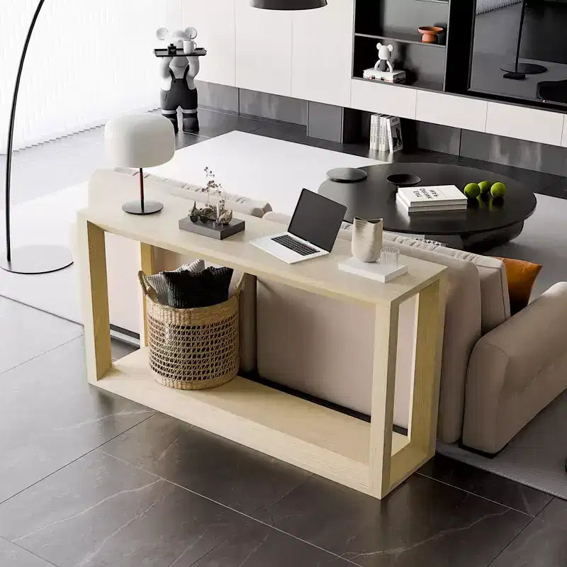 Consolle moderna in legno massello impiallacciato con ampio ripiano contenitore, tavolo da divano, tavolino da bar per soggiorno, corridoio