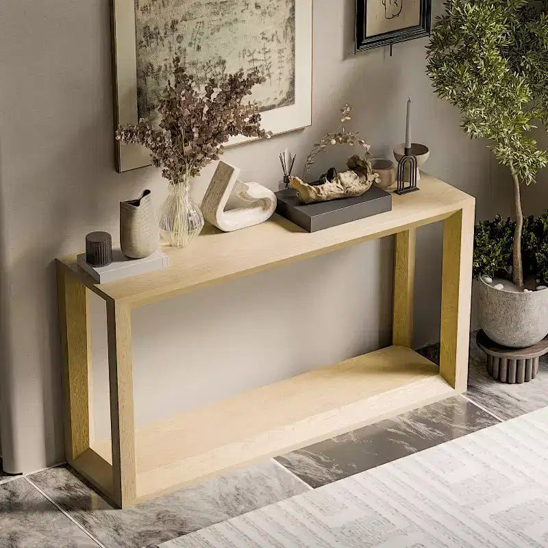 Consolle moderna in legno massello impiallacciato con ampio ripiano contenitore, tavolo da divano, tavolino da bar per soggiorno, corridoio