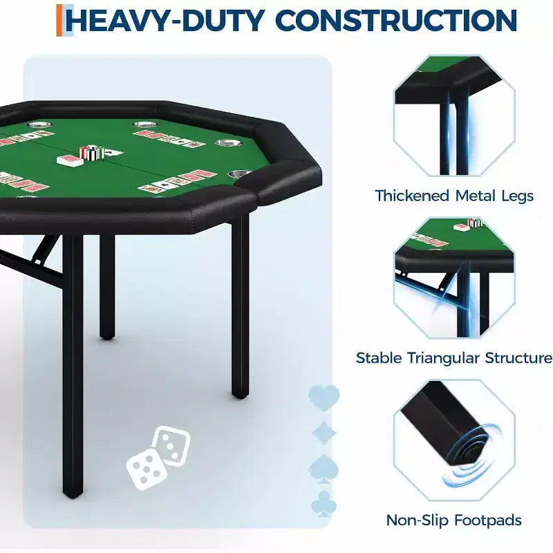 Tavolo da poker pieghevole da 48 pollici per 8 giocatori, tavolo da gioco portatile pieghevole con sponde imbottite, porta bicchieri in acciaio inossidabile, gambe in metallo pieghevoli
