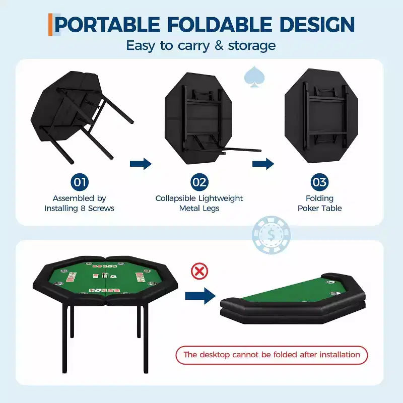 Tavolo da poker pieghevole da 48 pollici per 8 giocatori, tavolo da gioco portatile pieghevole con sponde imbottite, porta bicchieri in acciaio inossidabile, gambe in metallo pieghevoli