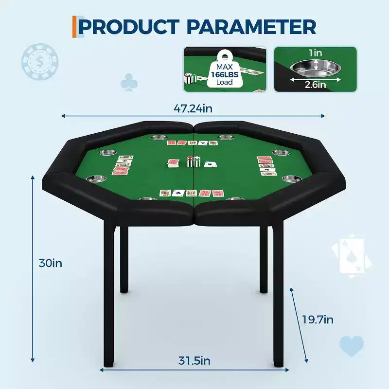 Tavolo da poker pieghevole da 48 pollici per 8 giocatori, tavolo da gioco portatile pieghevole con sponde imbottite, porta bicchieri in acciaio inossidabile, gambe in metallo pieghevoli