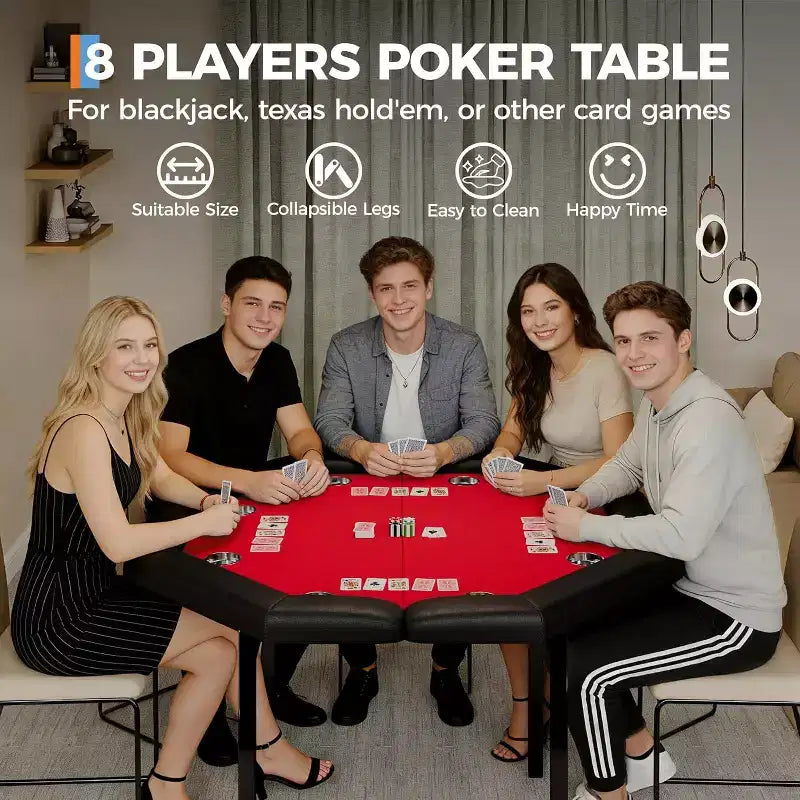 Tavolo da poker pieghevole da 48 pollici per 8 giocatori, tavolo da gioco portatile pieghevole con sponde imbottite, porta bicchieri in acciaio inossidabile, gambe in metallo pieghevoli