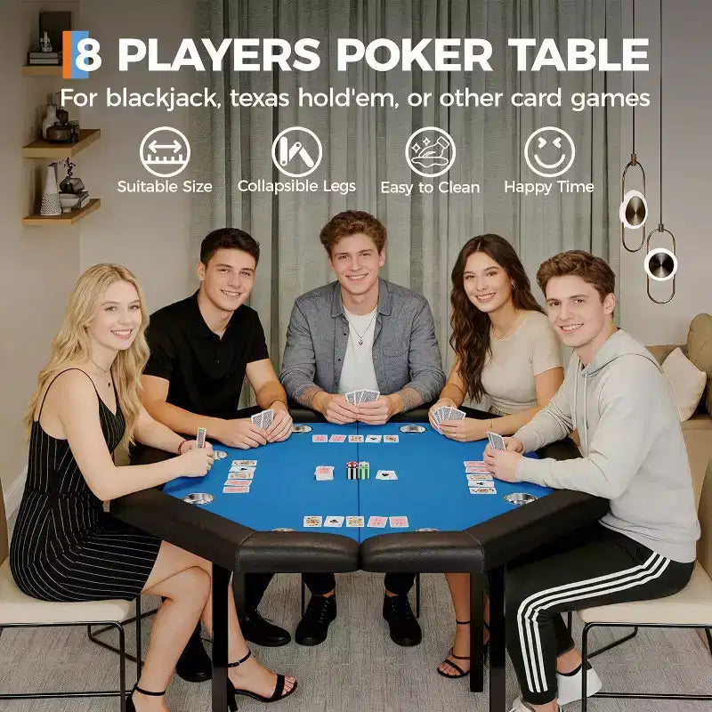 Tavolo da poker pieghevole da 48 pollici per 8 giocatori, tavolo da gioco portatile pieghevole con sponde imbottite, porta bicchieri in acciaio inossidabile, gambe in metallo pieghevoli