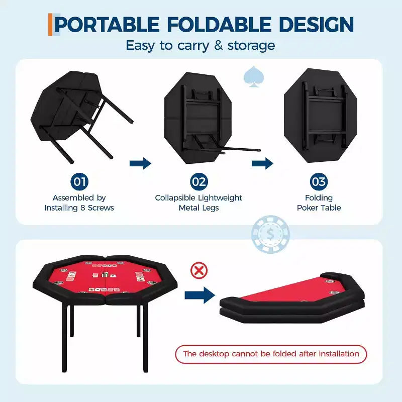 Tavolo da poker pieghevole da 48 pollici per 8 giocatori, tavolo da gioco portatile pieghevole con sponde imbottite, porta bicchieri in acciaio inossidabile, gambe in metallo pieghevoli