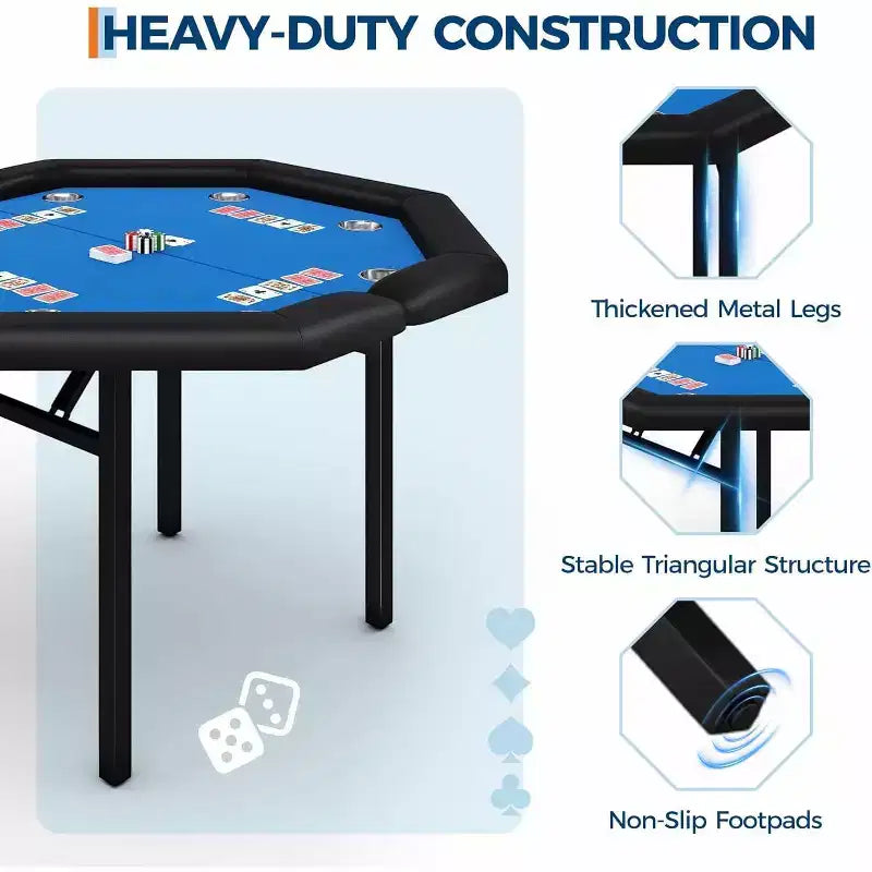 Tavolo da poker pieghevole da 48 pollici per 8 giocatori, tavolo da gioco portatile pieghevole con sponde imbottite, porta bicchieri in acciaio inossidabile, gambe in metallo pieghevoli