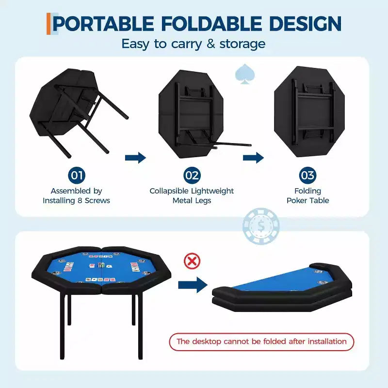Tavolo da poker pieghevole da 48 pollici per 8 giocatori, tavolo da gioco portatile pieghevole con sponde imbottite, porta bicchieri in acciaio inossidabile, gambe in metallo pieghevoli