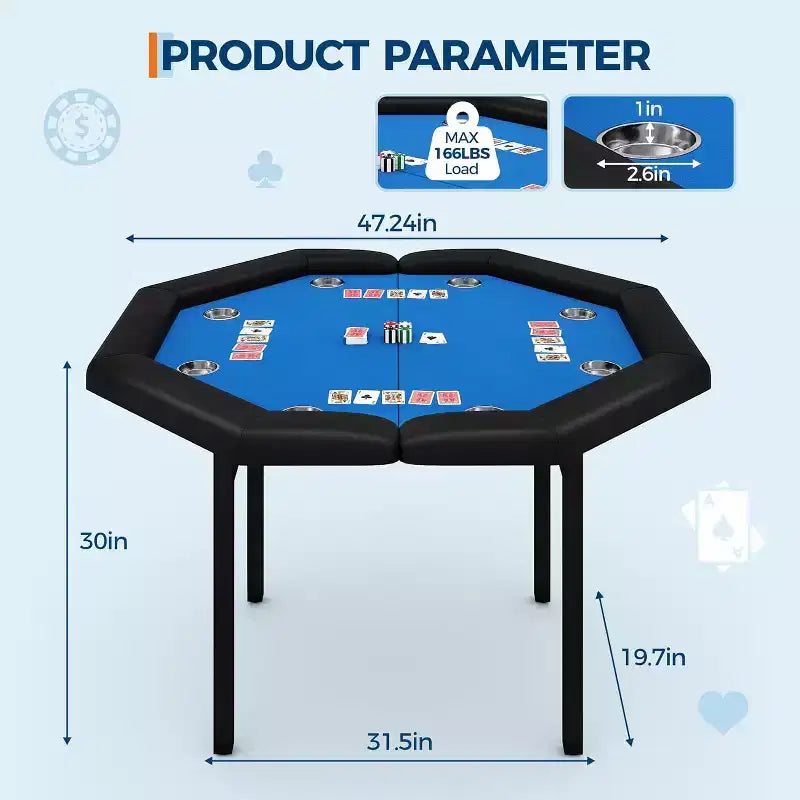 Tavolo da poker pieghevole da 48 pollici per 8 giocatori, tavolo da gioco portatile pieghevole con sponde imbottite, porta bicchieri in acciaio inossidabile, gambe in metallo pieghevoli