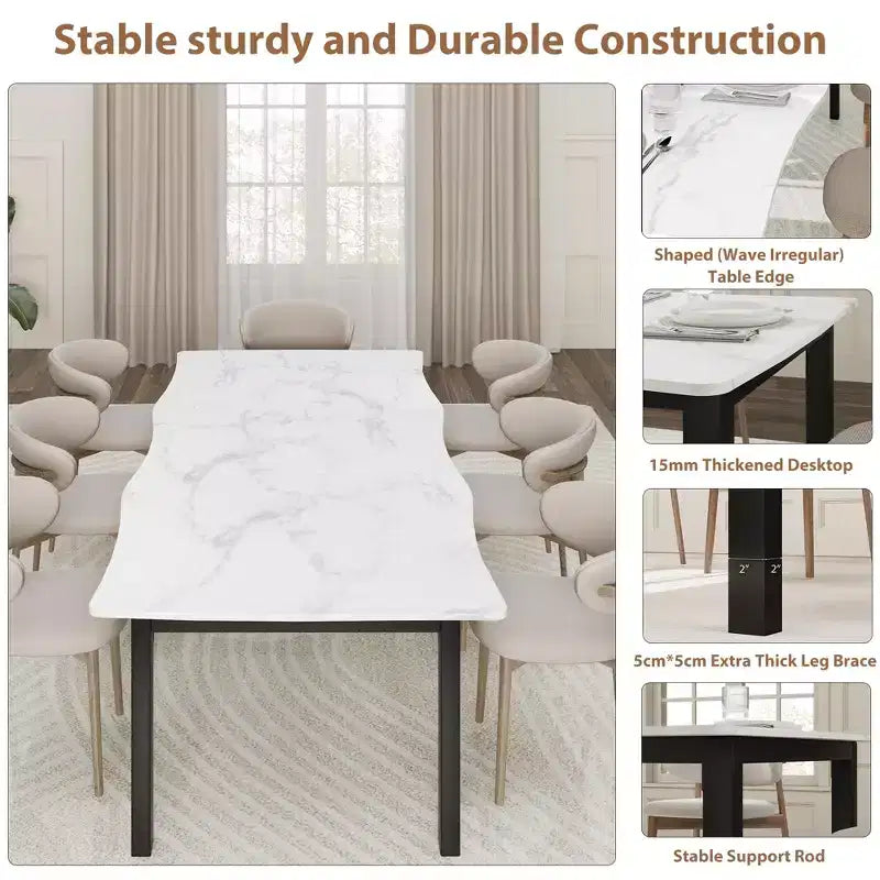 Tavolo da pranzo per 6-8 persone, tavolo rustico Wave con bordo irregolare, piano spesso in MDF e struttura in metallo, impermeabile, antigraffio, versatile, effetto marmo