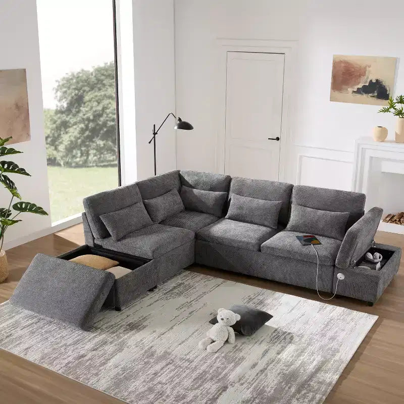 Moderno Divano Sezionale a L Estraibile in ciniglia 107 con Ottomana Contenitore e Console Bracciolo Regolabile con Porte di Ricarica