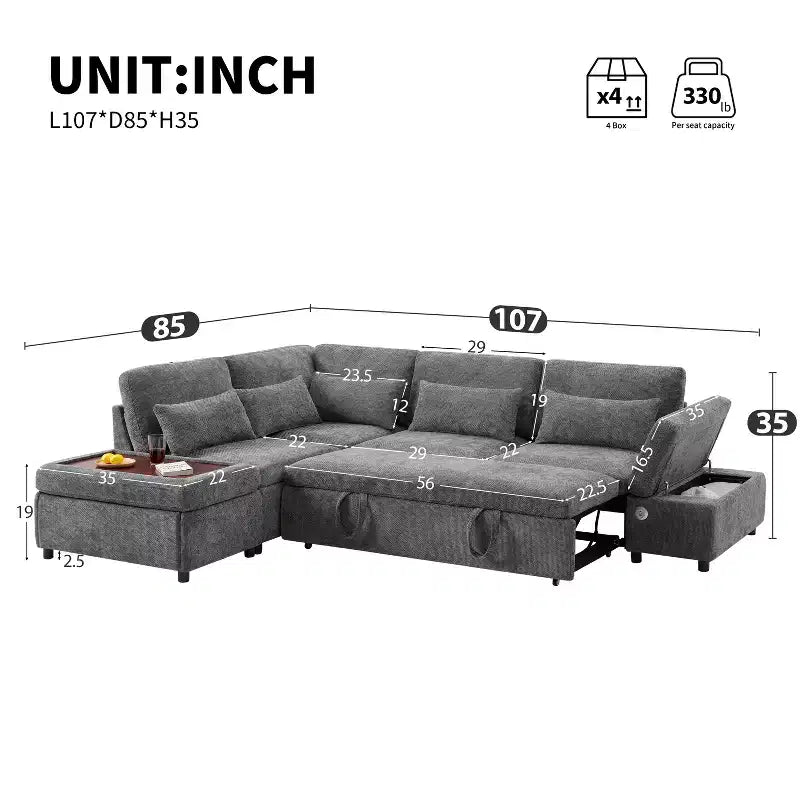 Moderno Divano Sezionale a L Estraibile in ciniglia 107 con Ottomana Contenitore e Console Bracciolo Regolabile con Porte di Ricarica
