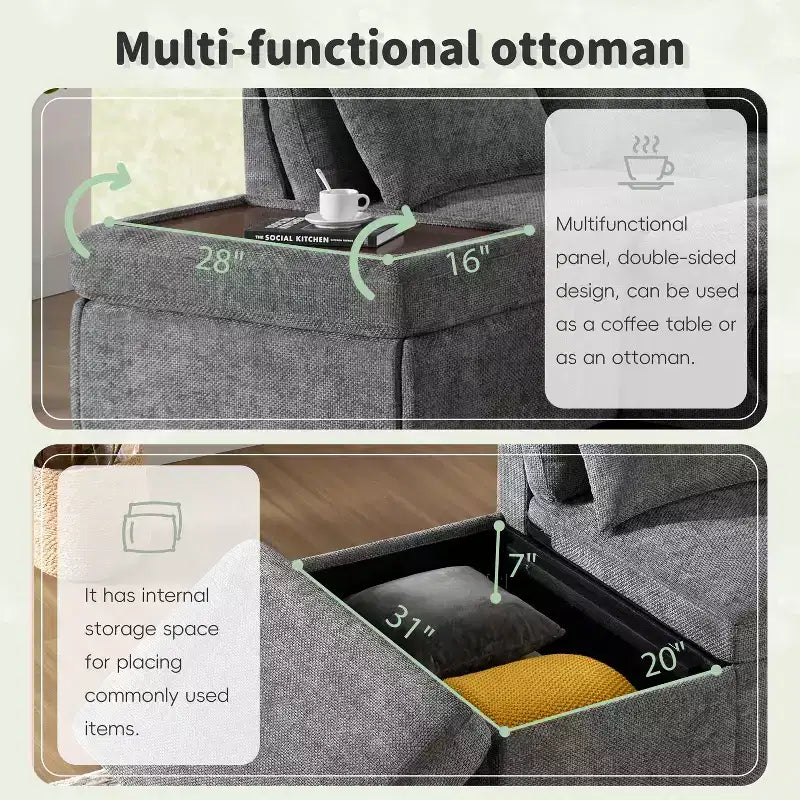 Moderno Divano Sezionale a L Estraibile in ciniglia 107 con Ottomana Contenitore e Console Bracciolo Regolabile con Porte di Ricarica