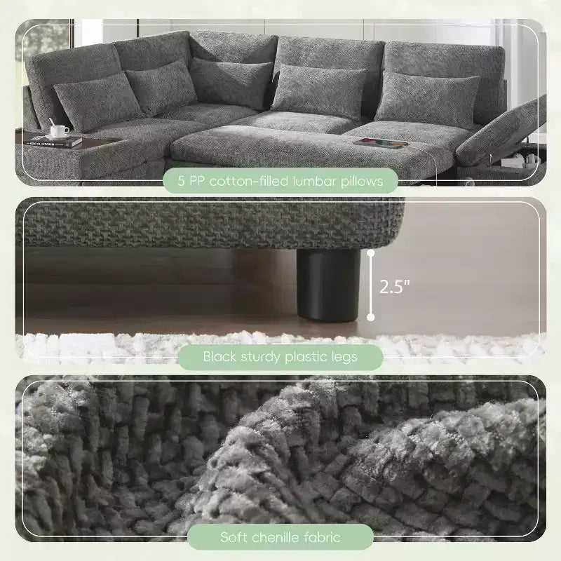 Moderno Divano Sezionale a L Estraibile in ciniglia 107 con Ottomana Contenitore e Console Bracciolo Regolabile con Porte di Ricarica
