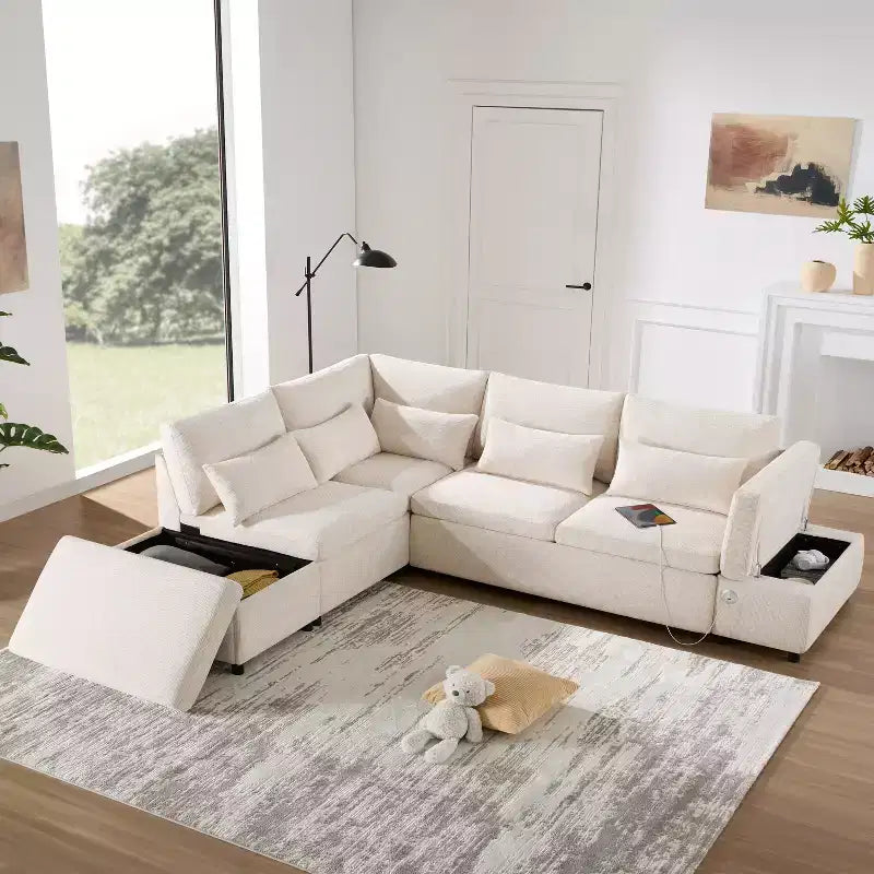 Moderno Divano Sezionale a L Estraibile in ciniglia 107 con Ottomana Contenitore e Console Bracciolo Regolabile con Porte di Ricarica