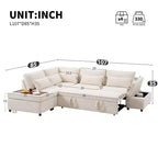 Moderno Divano Sezionale a L Estraibile in ciniglia 107 con Ottomana Contenitore e Console Bracciolo Regolabile con Porte di Ricarica