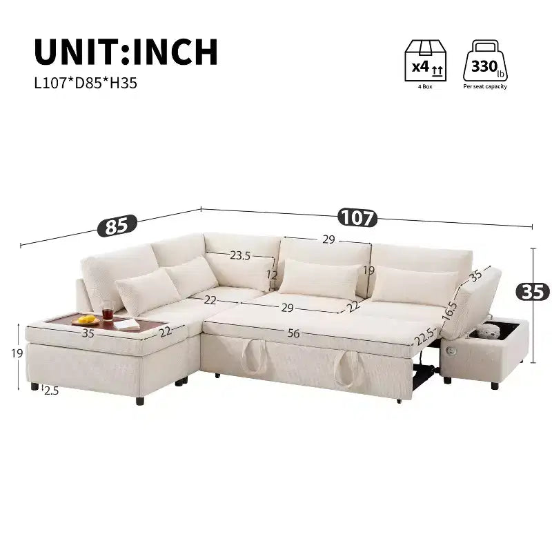 Moderno Divano Sezionale a L Estraibile in ciniglia 107 con Ottomana Contenitore e Console Bracciolo Regolabile con Porte di Ricarica