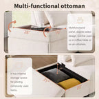 Moderno Divano Sezionale a L Estraibile in ciniglia 107 con Ottomana Contenitore e Console Bracciolo Regolabile con Porte di Ricarica