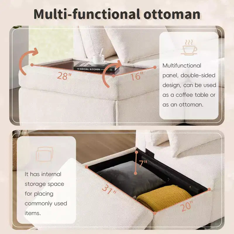 Moderno Divano Sezionale a L Estraibile in ciniglia 107 con Ottomana Contenitore e Console Bracciolo Regolabile con Porte di Ricarica