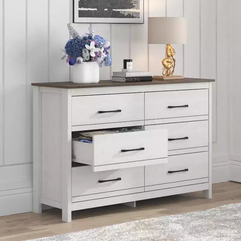 Comò a 6 cassetti con scorrimento fluido in rovere bianco perla 47 W