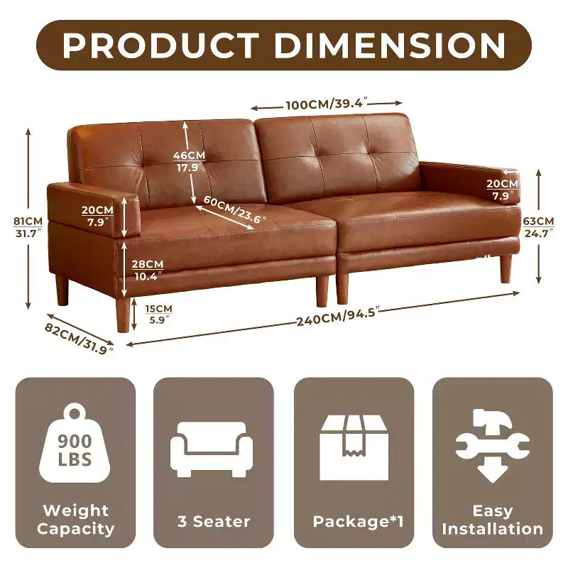Divano moderno di lusso in pelle marrone da 240 cm Stile minimalista moderno Struttura robusta Superficie morbida, traspirante e facile da pulire