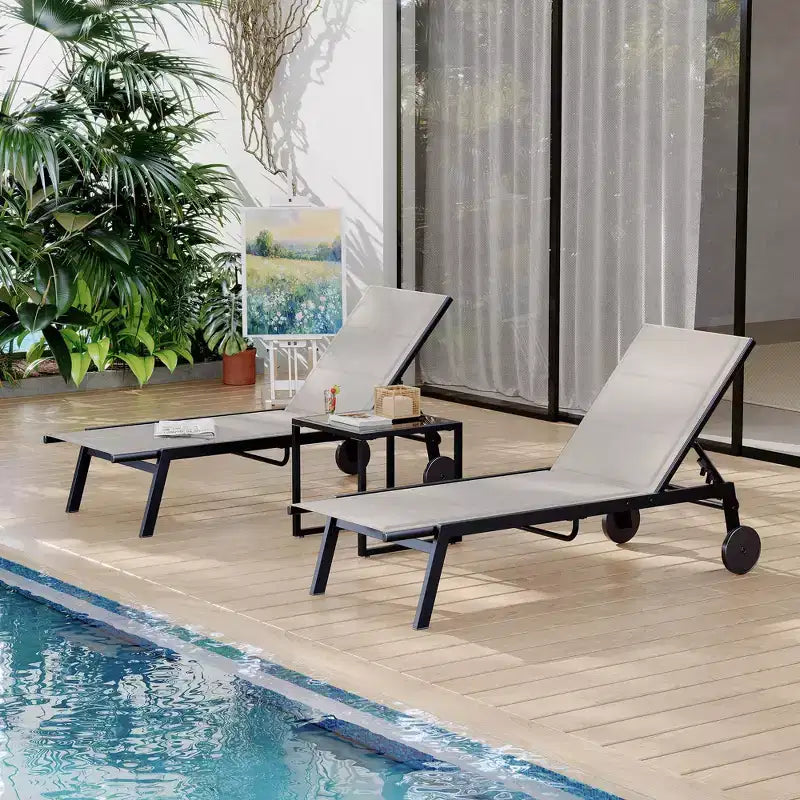 2 Sedie a Sdraio da Giardino in Tessuto con Tavolino, Set Sdraio da Esterno, Lettino da Piscina con Schienale Regolabile in 5 Posizioni, Sedia a Sdraio per Piscina, Giardino, Spiaggia