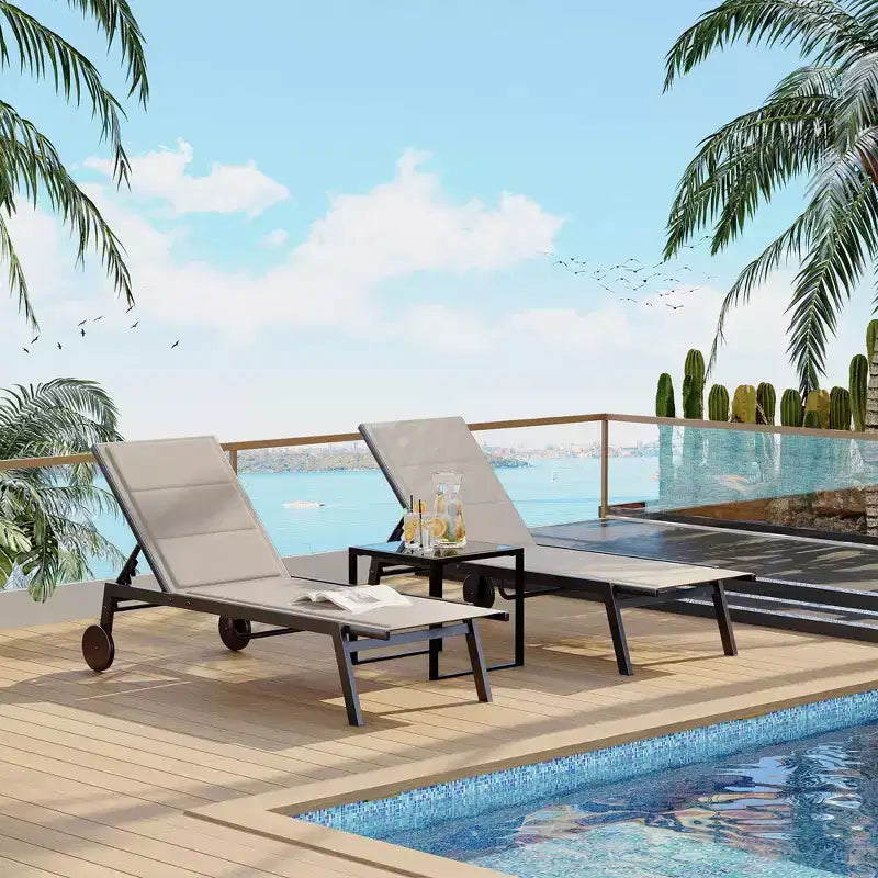 2 Sedie a Sdraio da Giardino in Tessuto con Tavolino, Set Sdraio da Esterno, Lettino da Piscina con Schienale Regolabile in 5 Posizioni, Sedia a Sdraio per Piscina, Giardino, Spiaggia