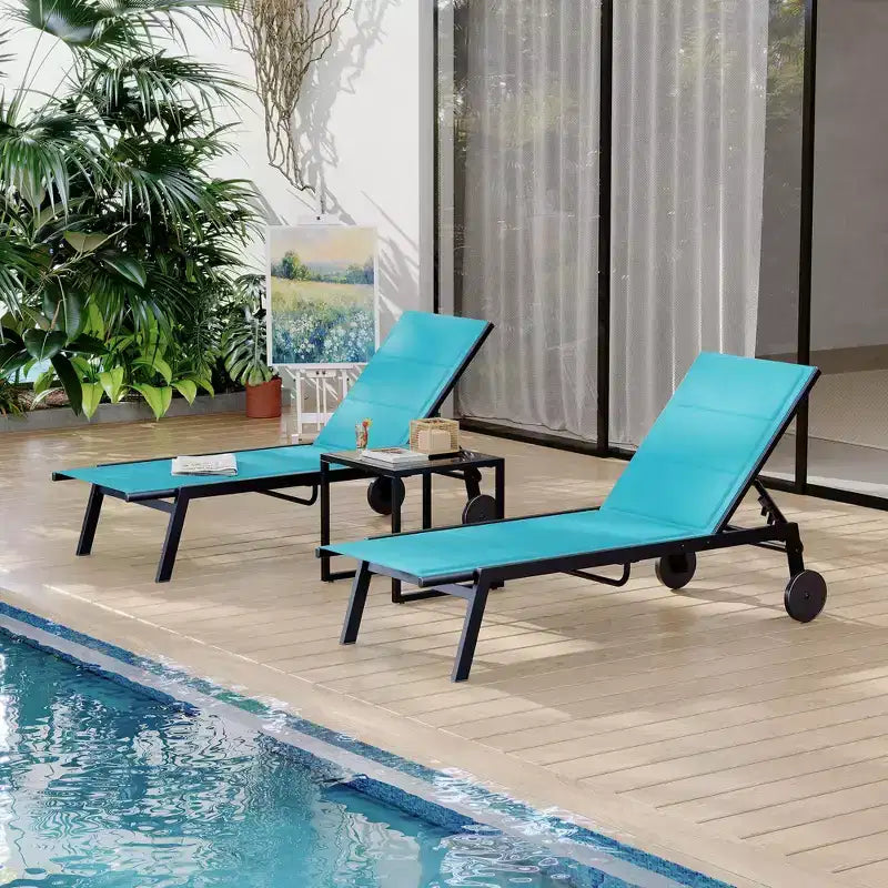 2 Sedie a Sdraio da Giardino in Tessuto con Tavolino, Set Sdraio da Esterno, Lettino da Piscina con Schienale Regolabile in 5 Posizioni, Sedia a Sdraio per Piscina, Giardino, Spiaggia