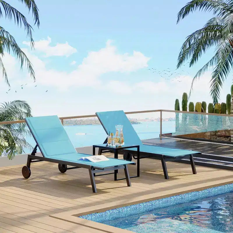 2 Sedie a Sdraio da Giardino in Tessuto con Tavolino, Set Sdraio da Esterno, Lettino da Piscina con Schienale Regolabile in 5 Posizioni, Sedia a Sdraio per Piscina, Giardino, Spiaggia