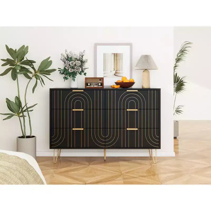 6 Drawers Dresser For Bedroom, Wood 6 Chest Of Drawer With Metal Handle, Curved Designed Storage Dresser For Home Office, Living Room, Bedroom Black