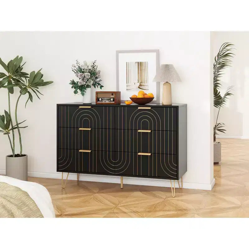 Comò a 6 cassetti per camera da letto, Comodino a 6 cassetti in legno con maniglie in metallo, Comò portaoggetti dal design curvo per casa, ufficio, soggiorno, camera da letto nero
