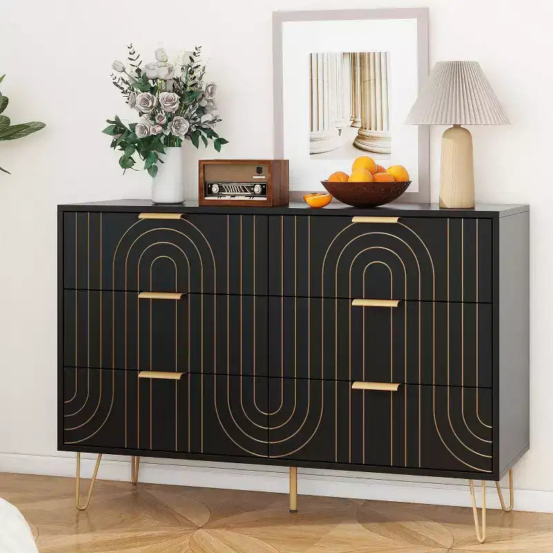 Comò a 6 cassetti per camera da letto, Comodino a 6 cassetti in legno con maniglie in metallo, Comò portaoggetti dal design curvo per casa, ufficio, soggiorno, camera da letto nero