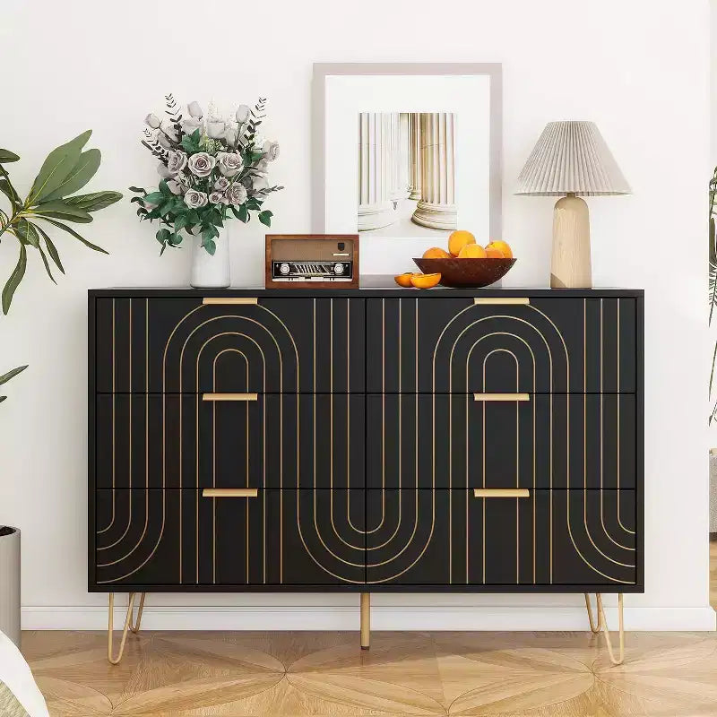 Comò a 6 cassetti per camera da letto, Comodino a 6 cassetti in legno con maniglie in metallo, Comò portaoggetti dal design curvo per casa, ufficio, soggiorno, camera da letto nero