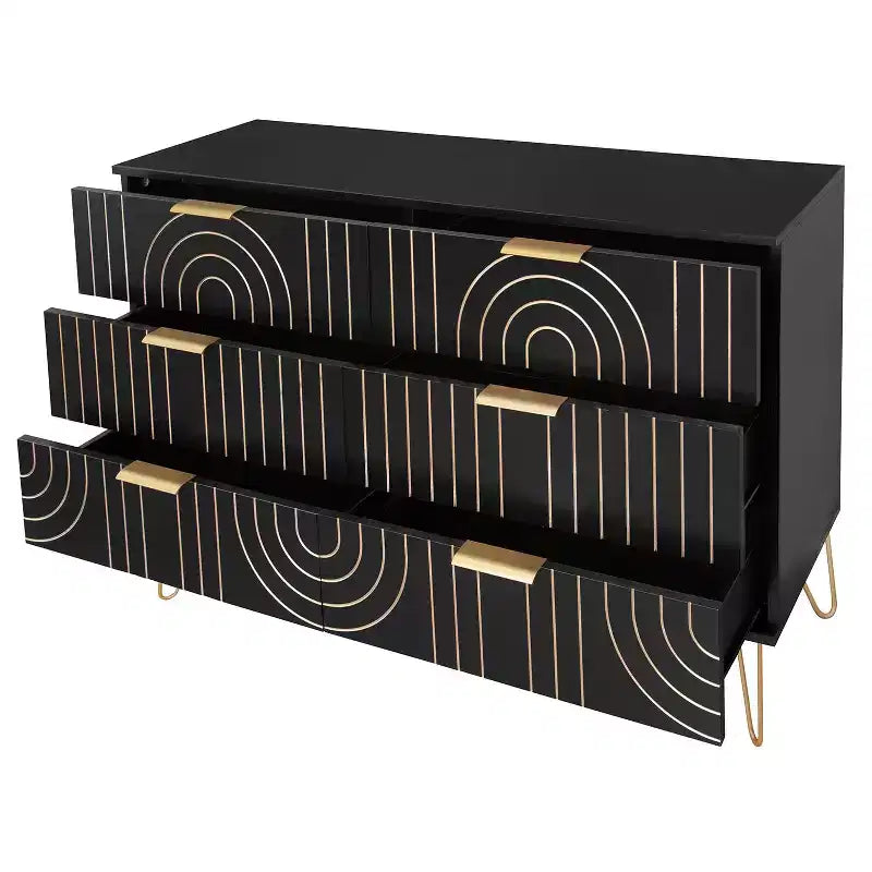 Comò a 6 cassetti per camera da letto, Comodino a 6 cassetti in legno con maniglie in metallo, Comò portaoggetti dal design curvo per casa, ufficio, soggiorno, camera da letto nero