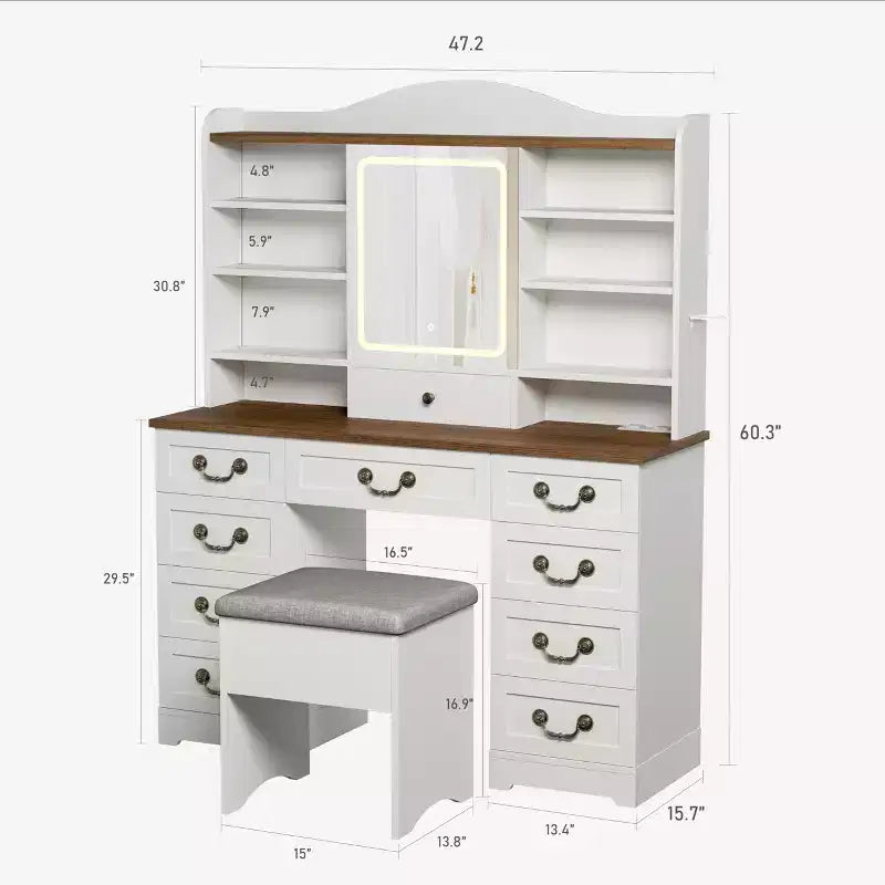 Toeletta con specchio e luci regolabili, set da trucco con sedia, 10 cassetti, 10 ripiani e presa di corrente per la camera da letto