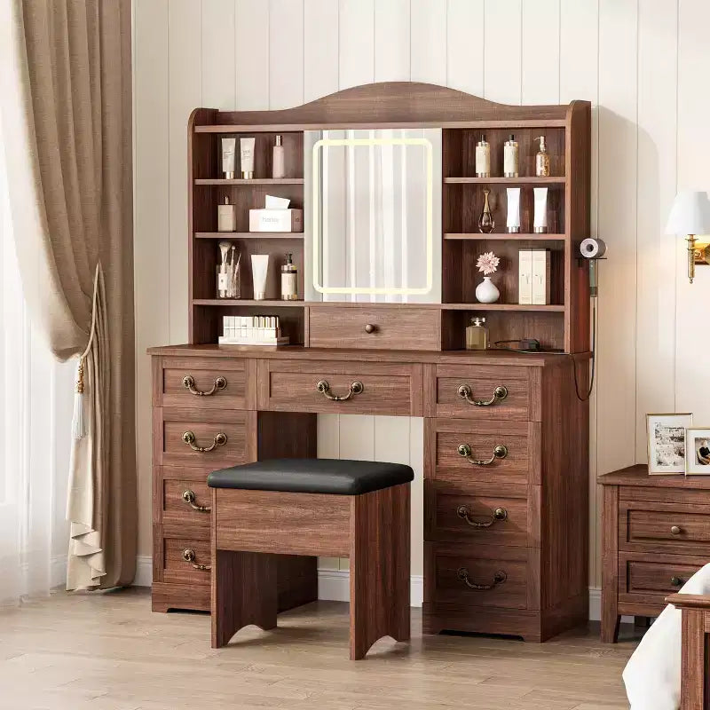 Toeletta con specchio e luci regolabili, set da trucco con sedia, 10 cassetti, 10 ripiani e presa di corrente per la camera da letto
