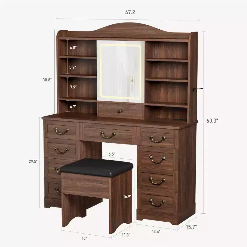Toeletta con specchio e luci regolabili, set da trucco con sedia, 10 cassetti, 10 ripiani e presa di corrente per la camera da letto